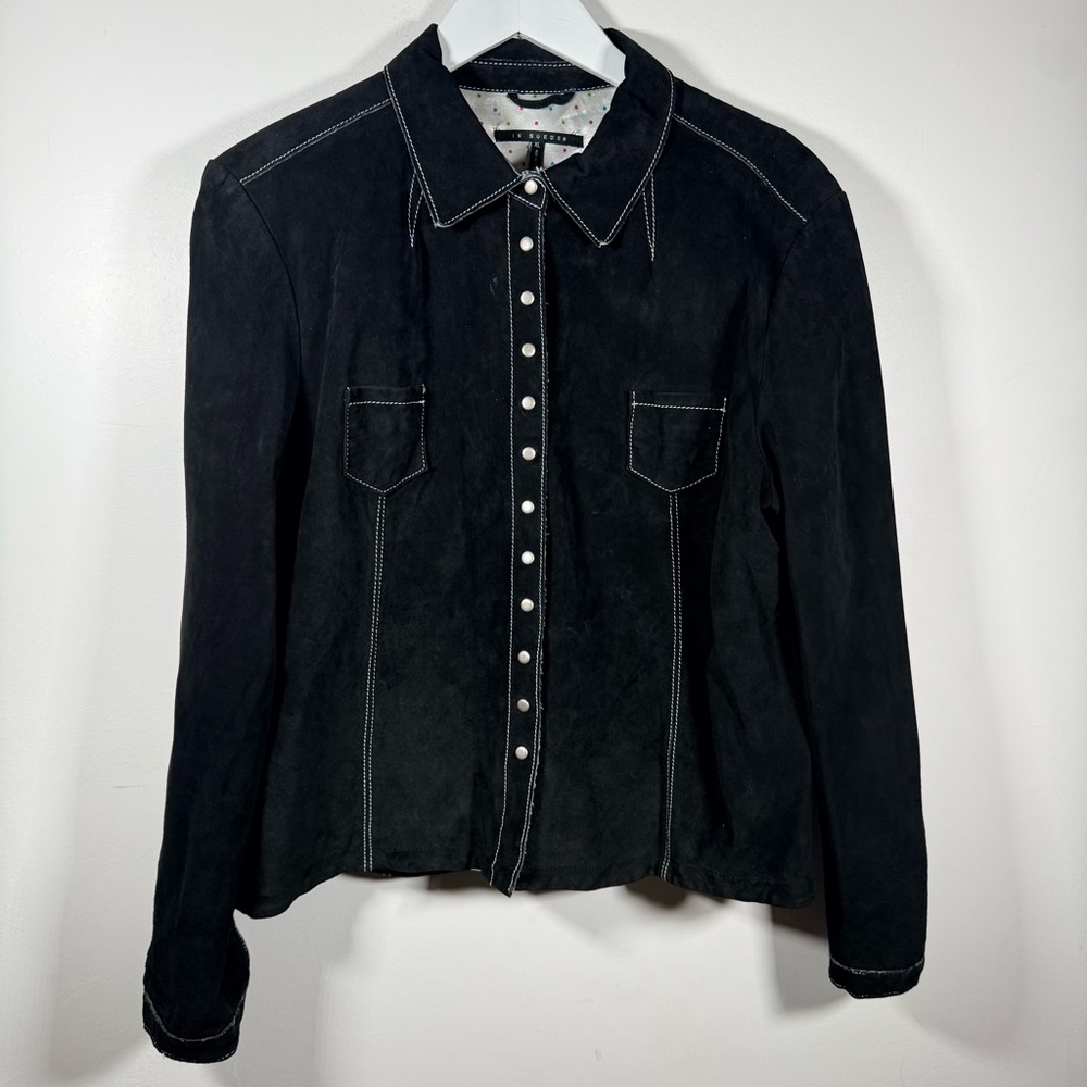 In Suede Black Suede Leather Snap Front Jacket Womens XL Contrast Stitch Western